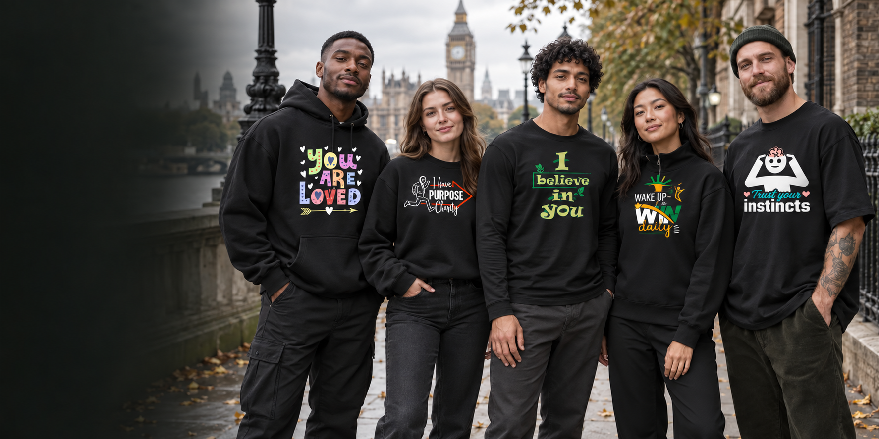 Five people in London wearing the five signature Affirmode affirmations clearly centred on their chests